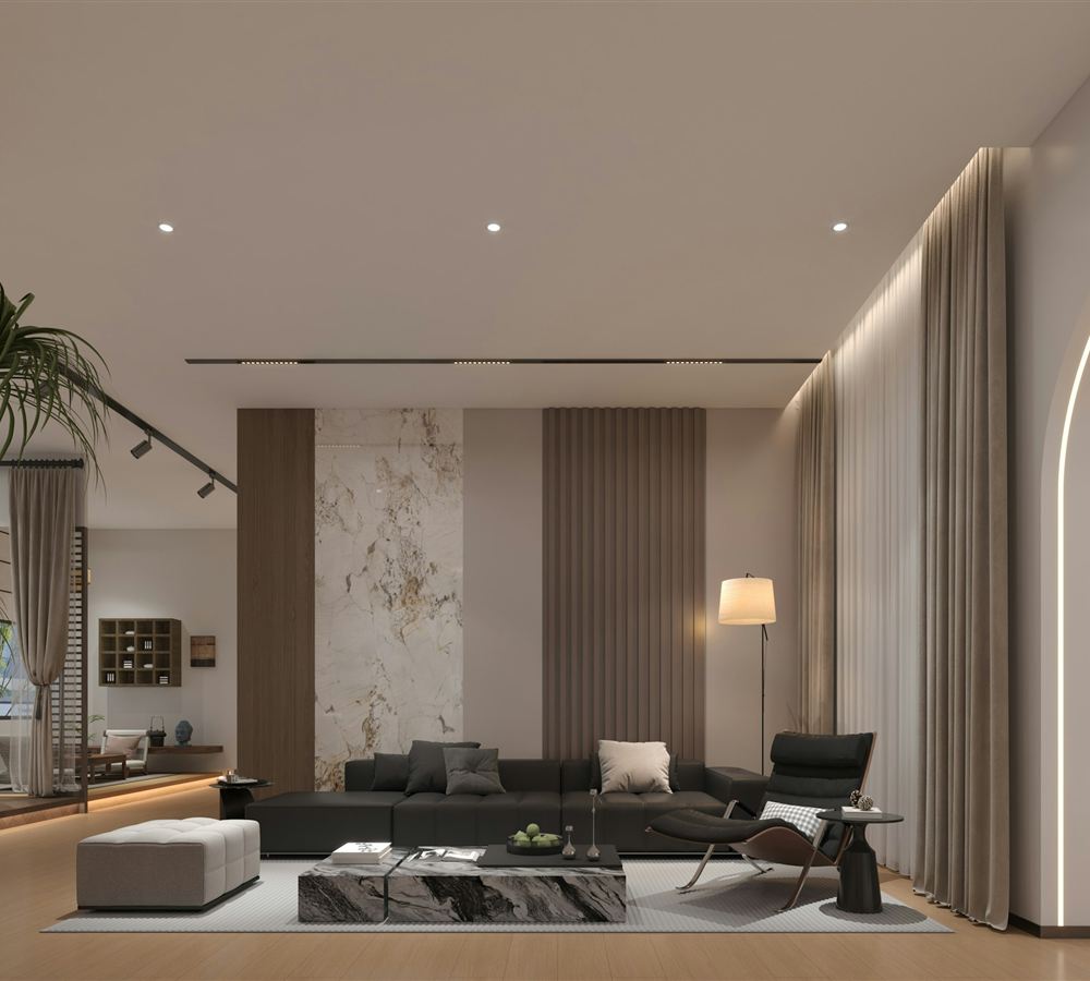 Sala com painel em mármore e parede ripada
